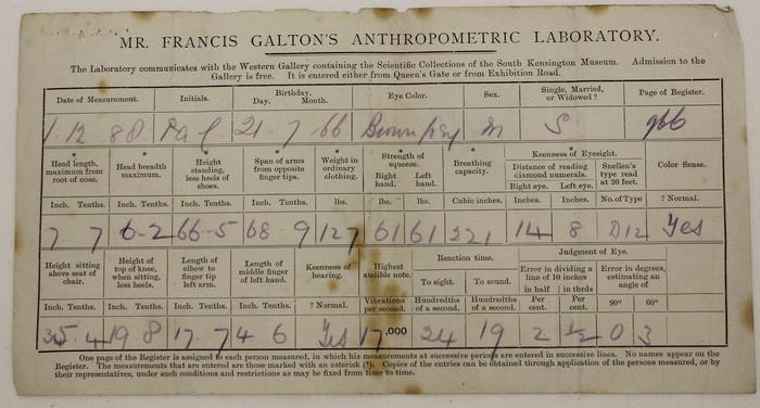 Galton Anthropometric Laboratory measurement card